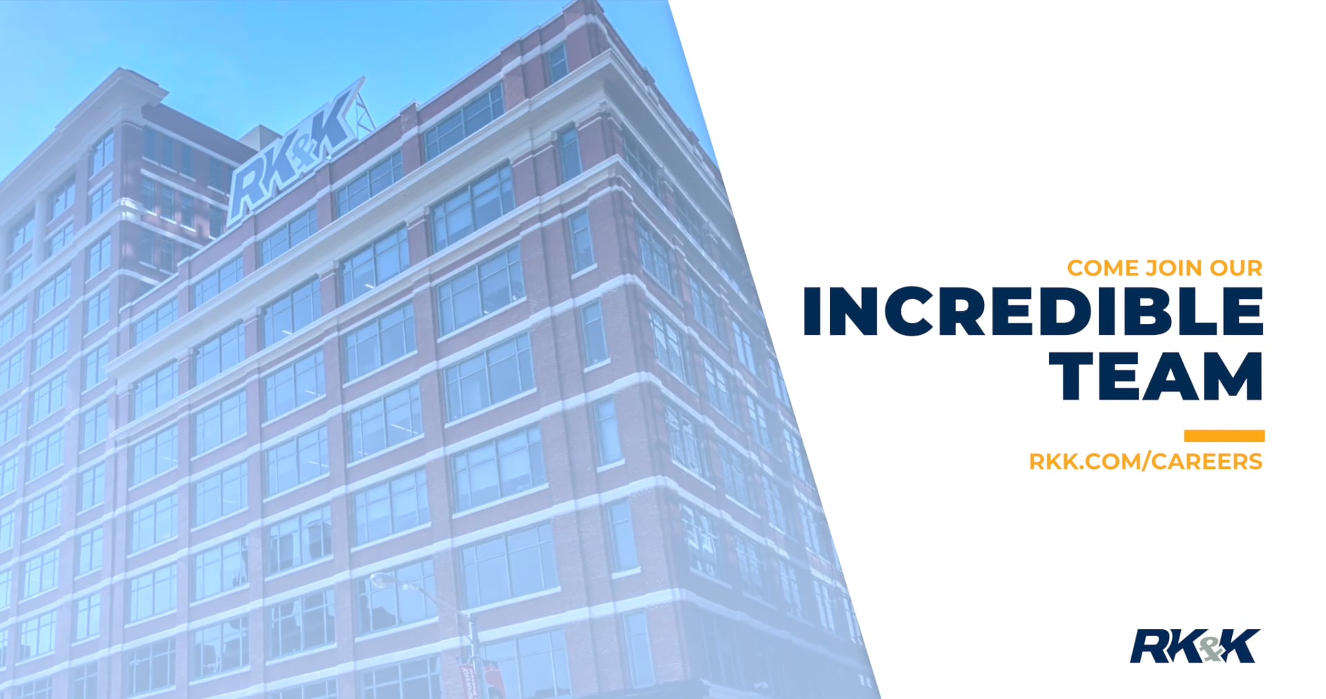 Promotional ad for RK&K with a brick building, bold text saying “Come join our incredible team,” and a link to rkk.com/careers.