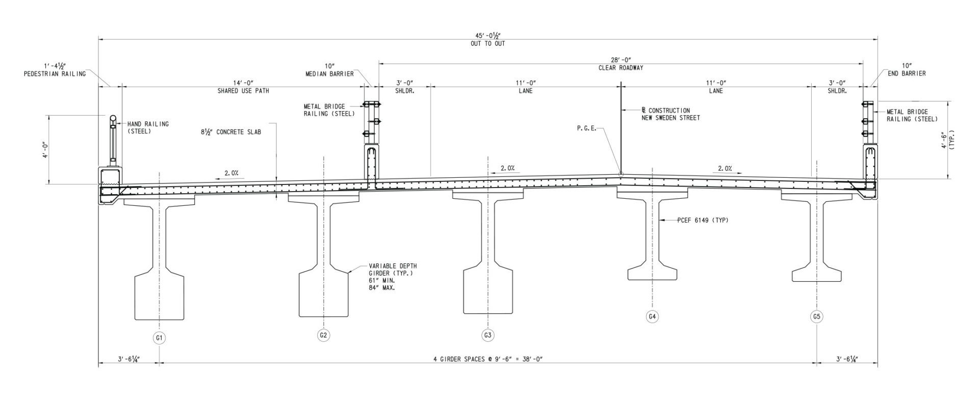 Blueprint of Christina River Bridge at Pier and at Midspan and Abutments