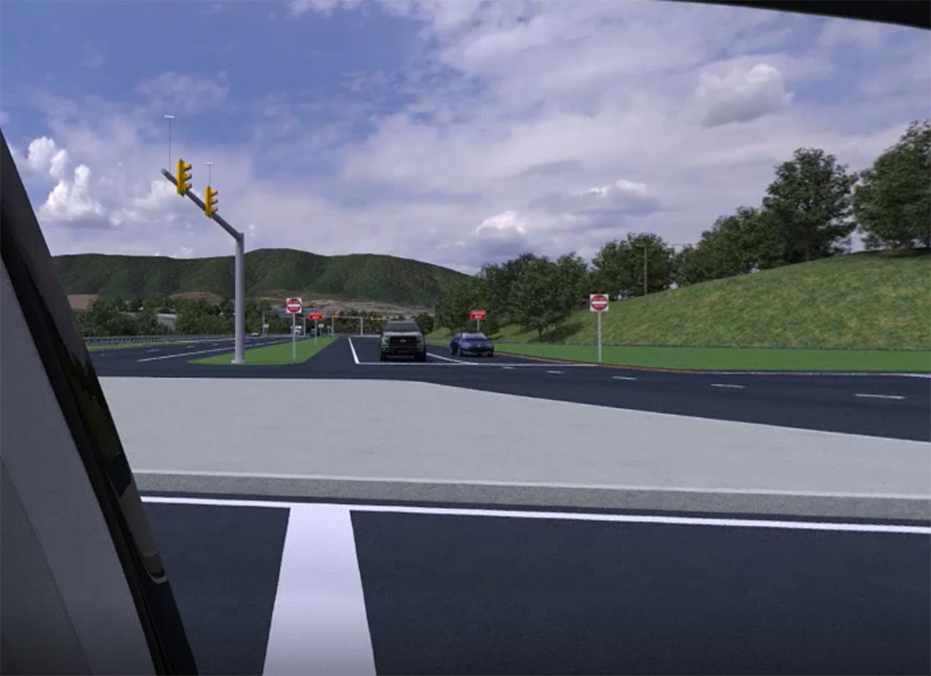 A ground level view in the virtual reality environment from the same location.