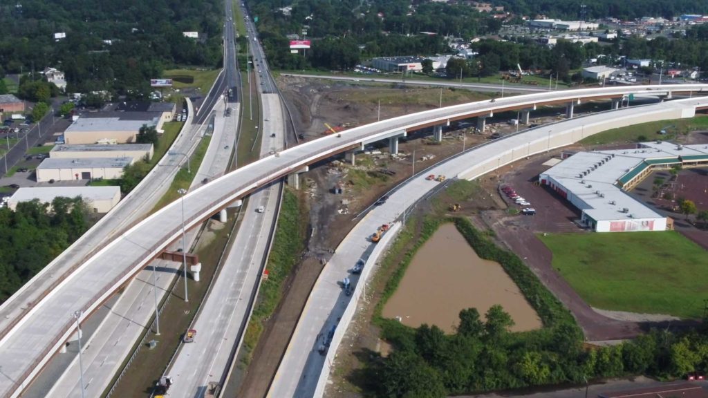 An aerial view of the PA Turnpike/I-95 Interchange in Bucks County, Pennsylvania.