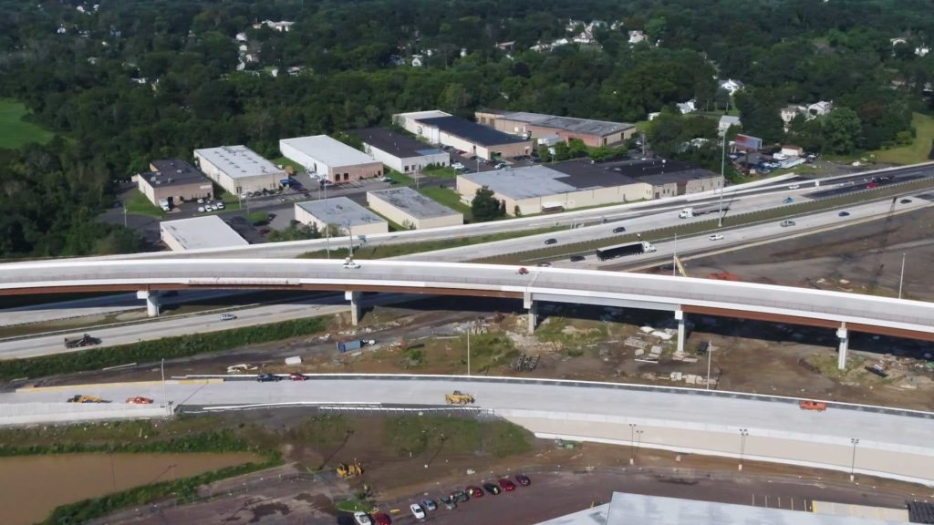 An aerial view of the PA Turnpike/I-95 Interchange in Bucks County, Pennsylvania.