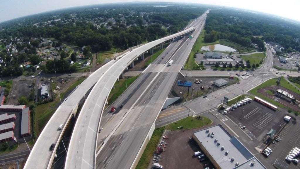 An aerial view of the PA Turnpike/I-95 Interchange in Bucks County, Pennsylvania.