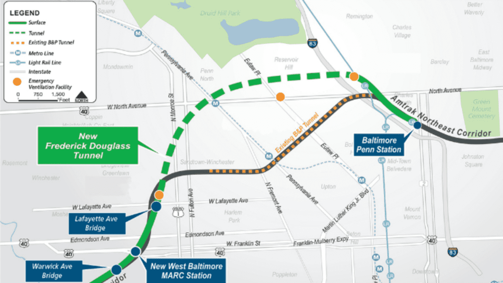 The Baltimore & Potomac Tunnel, located in Baltimore, dates from the Civil War era. The B&P Tunnel Replacement Program will modernize and transform a four-mile section of the Northeast Rail Corridor.