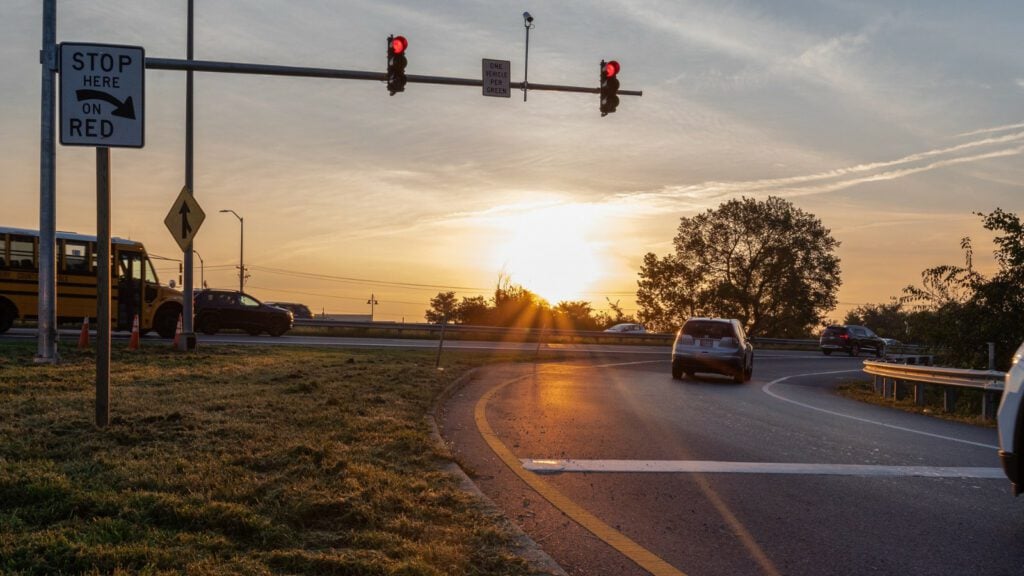 the onramp for I-270 with a glistening sunset