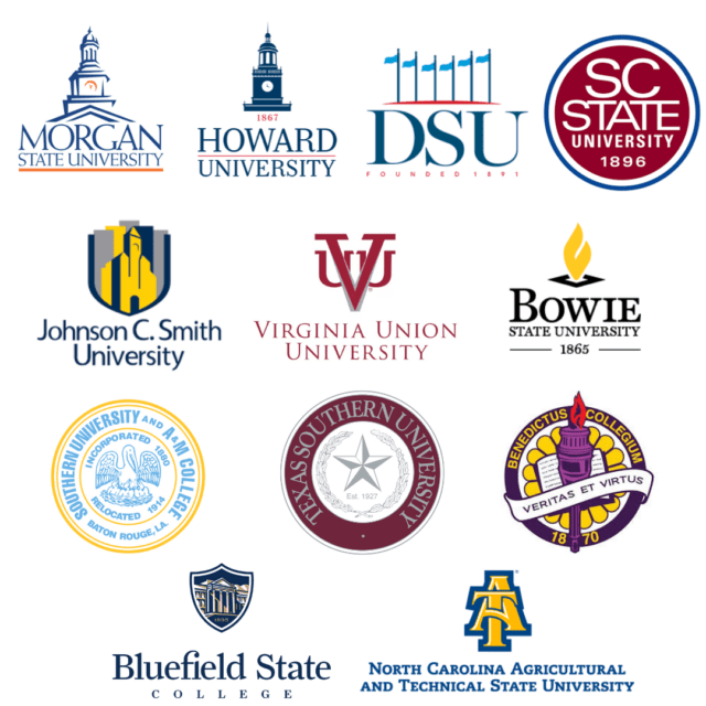 Morgan State University, Howard University, Delaware State University, South Carolina State University, Johnson C. Smith University, Virginia Union University, Bowie State University, Southern University, Texas Southern University, Benedictus College, Bluefield State College, and North Carolina Agricultural and Technical State University.