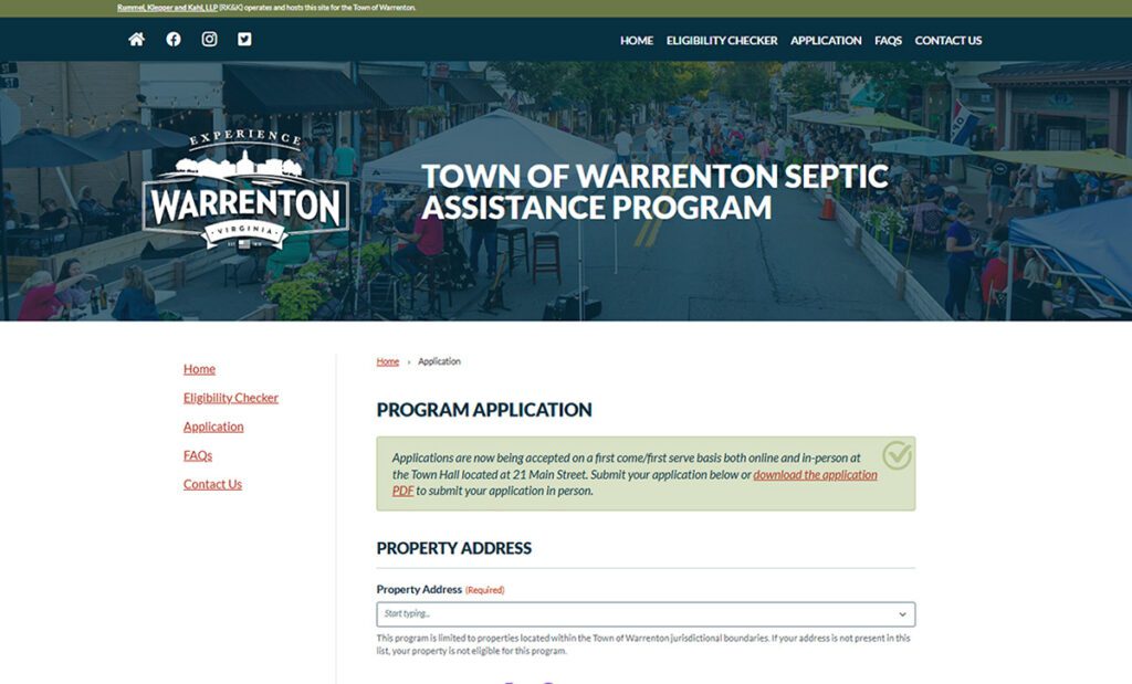 A screenshot of the Warrenton Septic Assistance Program website's application page.