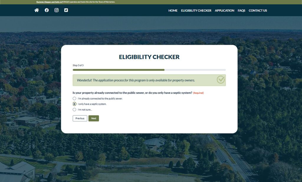 A screenshot of the Warrenton Septic Assistance Program website's eligibility checker.