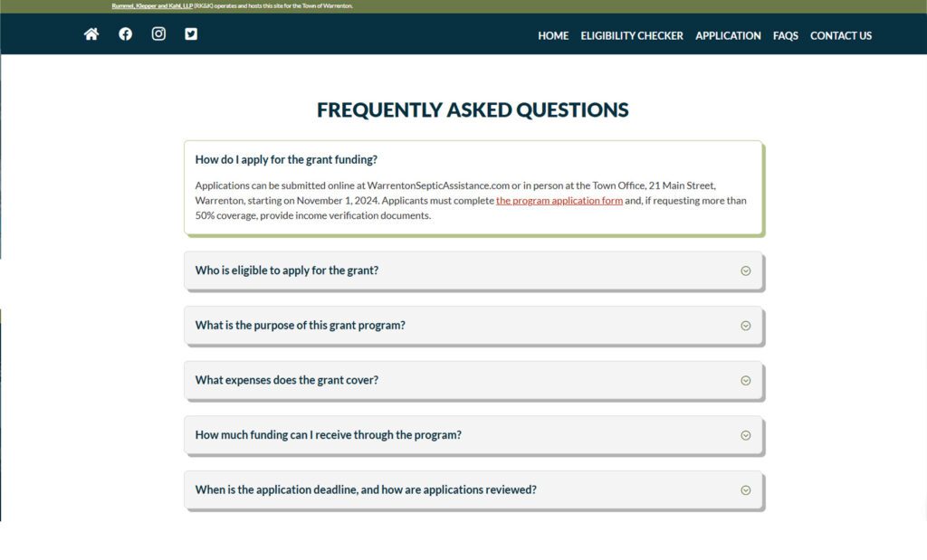 A screenshot of the Warrenton Septic Assistance Program website's FAQs.