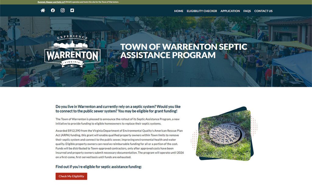 A screenshot of the Warrenton Septic Assistance Program website's homepage.